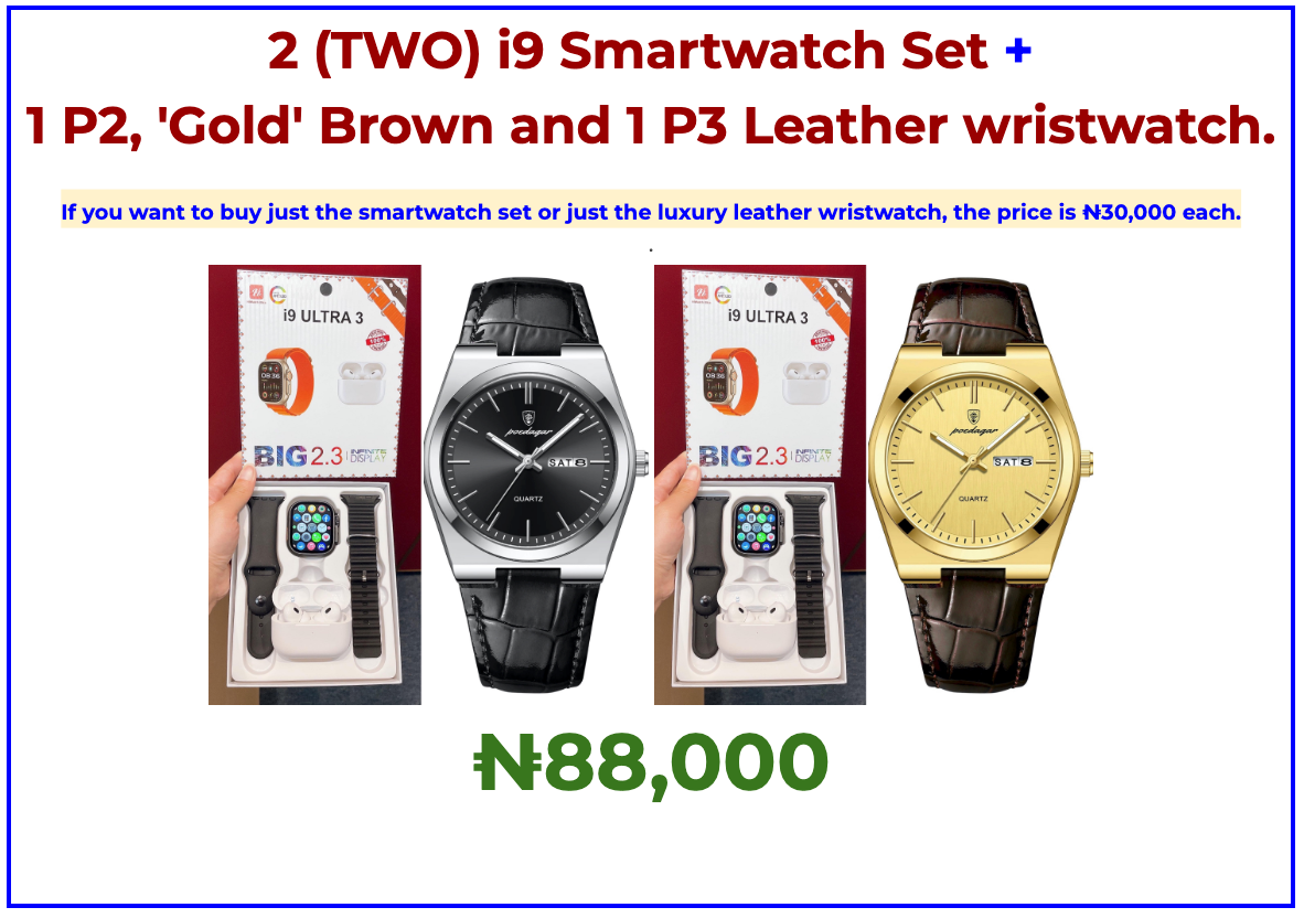 (​TWO) Sets of the i9 Smartwatch Set and 2 Leather luxury​ wristwatch​ (P3 BLACK AND P2 GOLD-BROWN Leather)