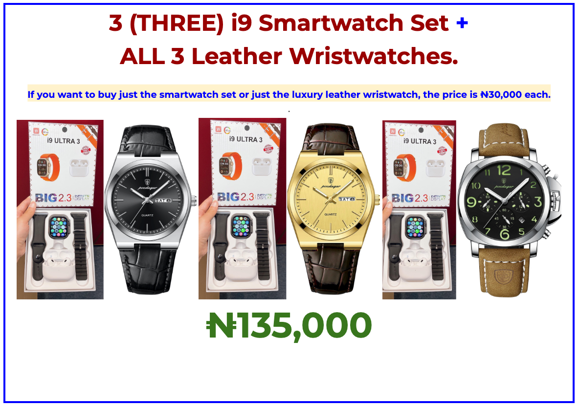 (THREE) Sets of the i9 Smartwatch and ​All 3 Luxury Leather wristwatch (P1, P2, P3).